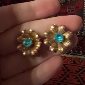 Vintage Van Dell Gold Filled Floral Earrings with Center Blue Stone